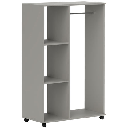 Open Wardrobe on Wheels, Bedroom Wardrobe with Clothes Hanging Rail, 3 Storage Shelves, Mobile Garment Rack for Cloakroom, Hallway, Grey