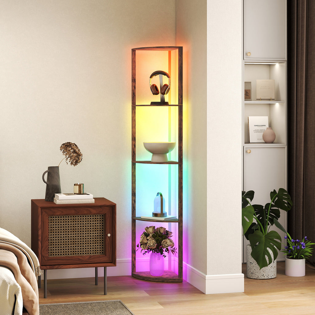 RGB Standing Lamp with Shelves, 4-Tier LED Floor Lamp with Multiple Lighting Modes, Rustic Brown
