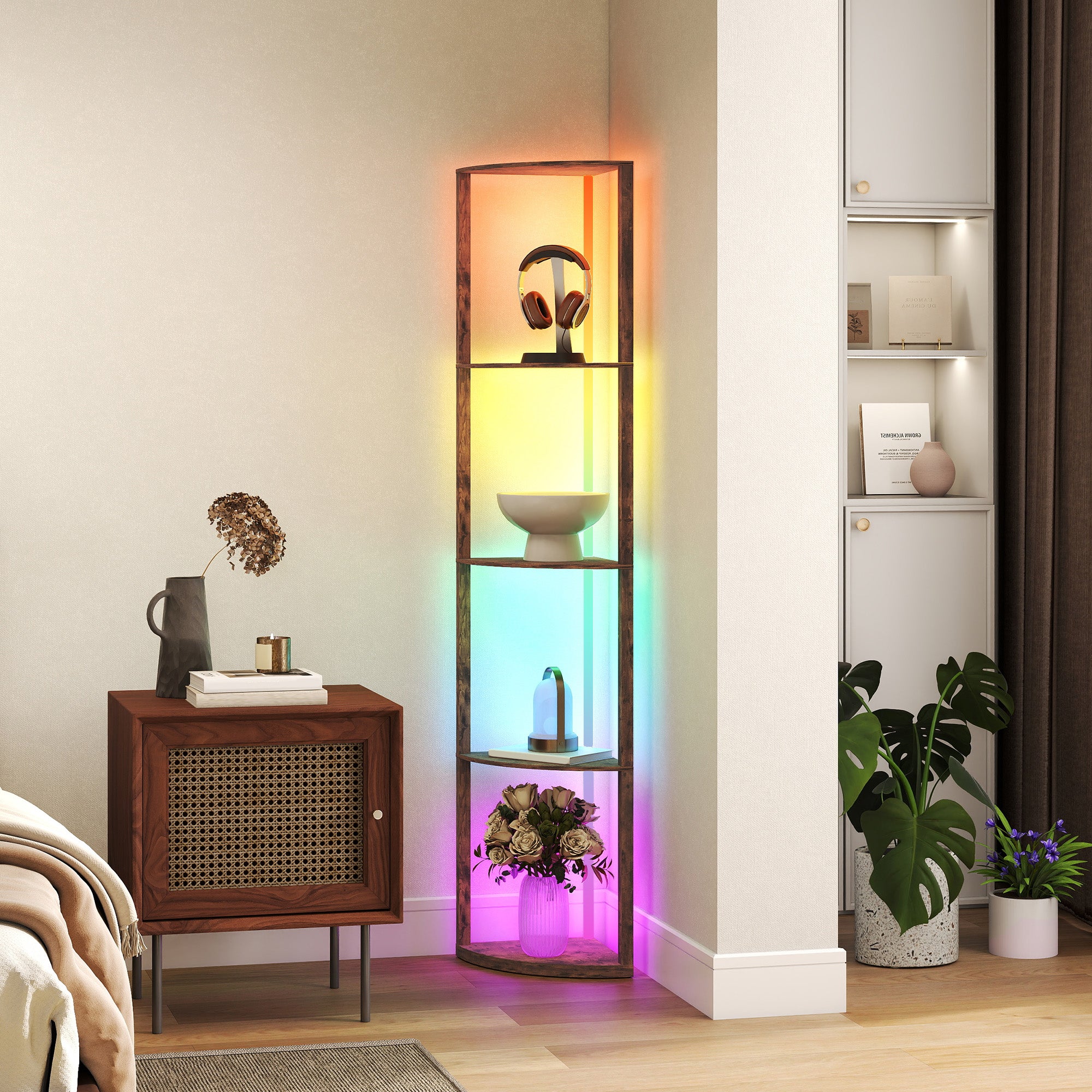RGB Standing Lamp with Shelves, 4-Tier LED Floor Lamp with Multiple Lighting Modes, Rustic Brown