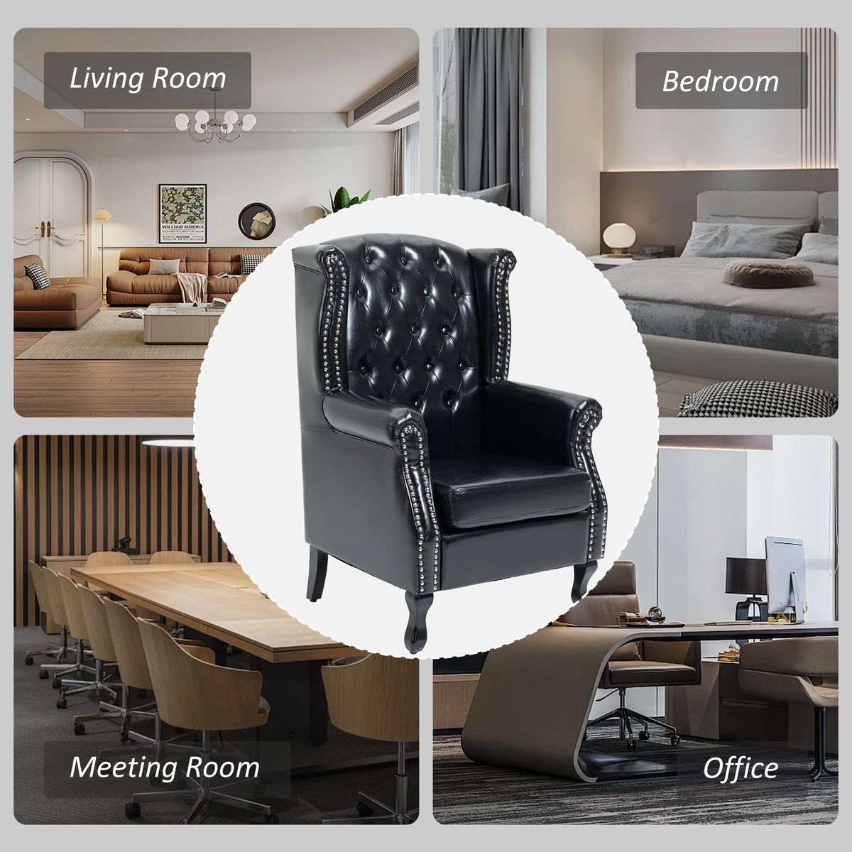 Wingback Accent Chair Tufted Chesterfield-style Armchair with Nail Head Trim for Living Room Bedroom Black