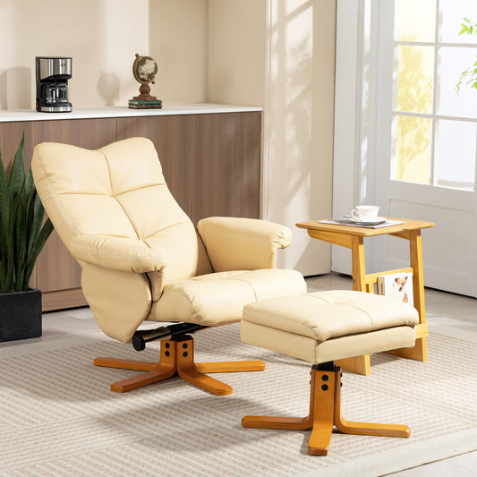 PU Leather Swivel Recliner Chair with Footstool, Wooden Base and Storage for Living Room, Beige