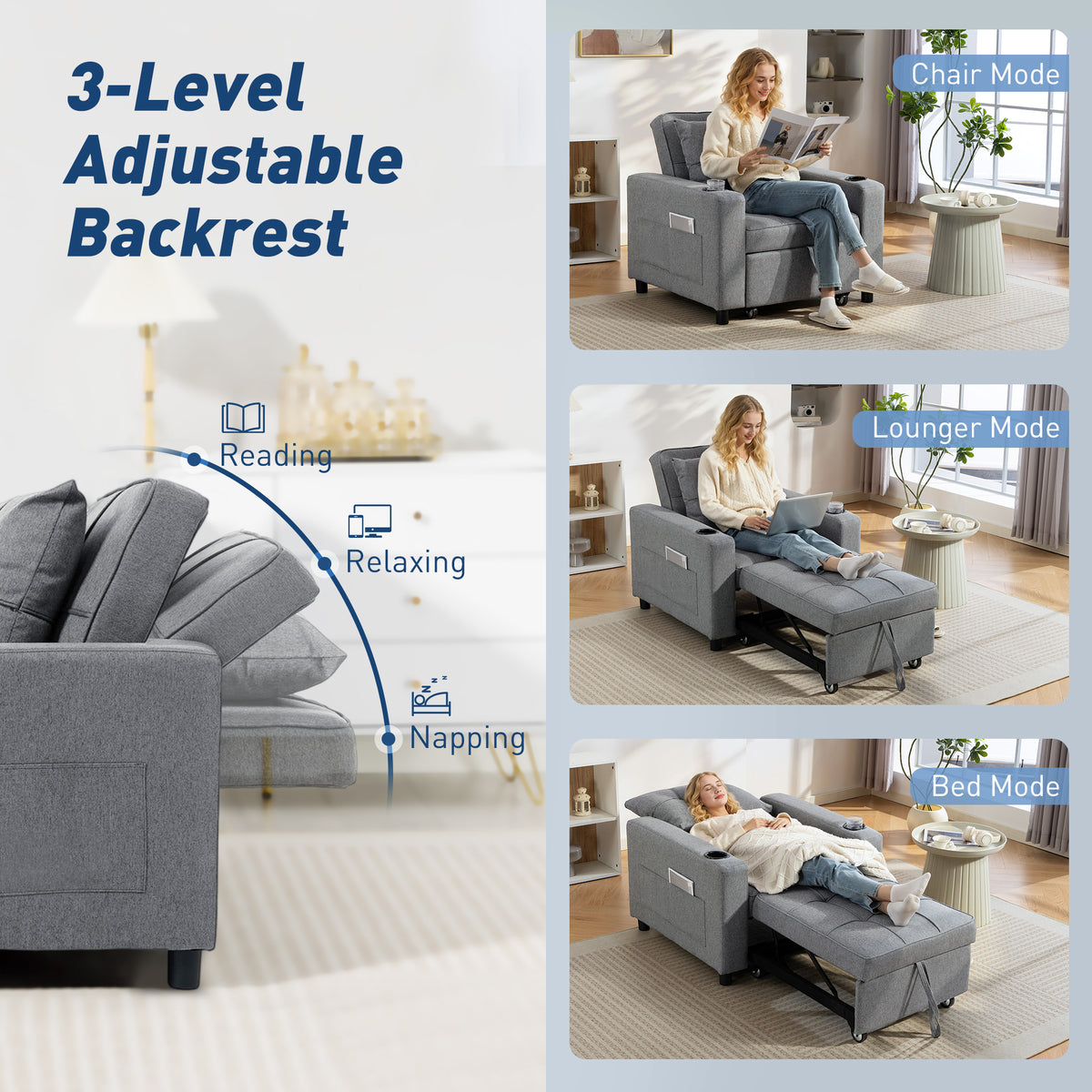 3-in-1 Single Sofa Bed, Convertible Sleeper Chair Bed - Dark Grey