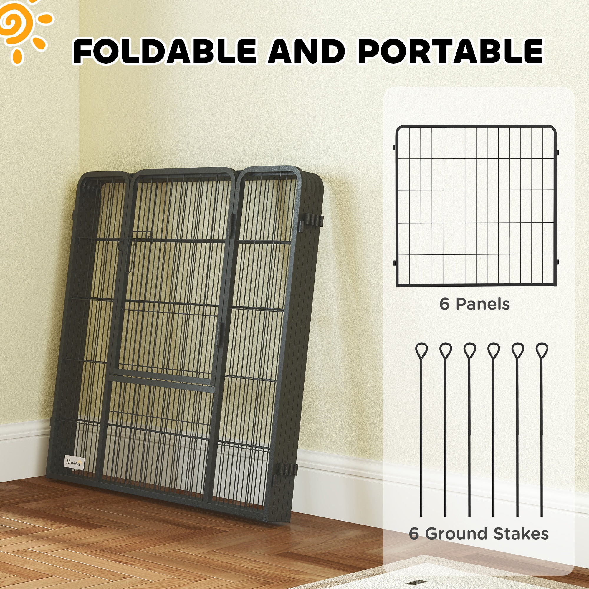 PawHut 6 Panels Dog Playpen, Portable Detachable Puppy Pen with Door, for Medium Dogs, 80cm High, Grey