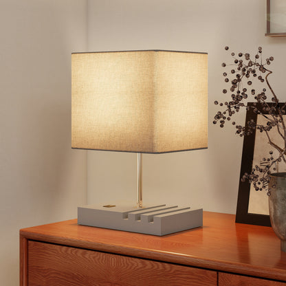 Bedside Lamp with USB A+C Charging Ports and 3 Phone Stands, Modern Table Lamp with Solid Wood Base and Fabric Shade for Bedroom Living Room Office, E27 Socket, Bulb Not Included, Grey