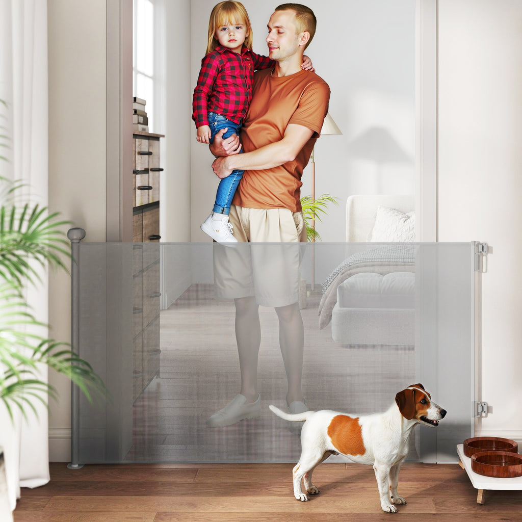 PawHut Retractable Stair Gate Extends Up to 140 cm Wide, Dog Gate for Doorways, Stairways, Hallways, Grey