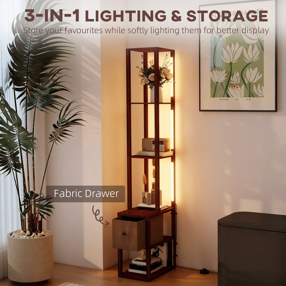 Floor Lamp with Shelves, LED Column Modern Standing Lamp with Fabric Drawer, Adjustable Brightness, Foot Switch for Living Room, Bedroom, Office, Dark Brown