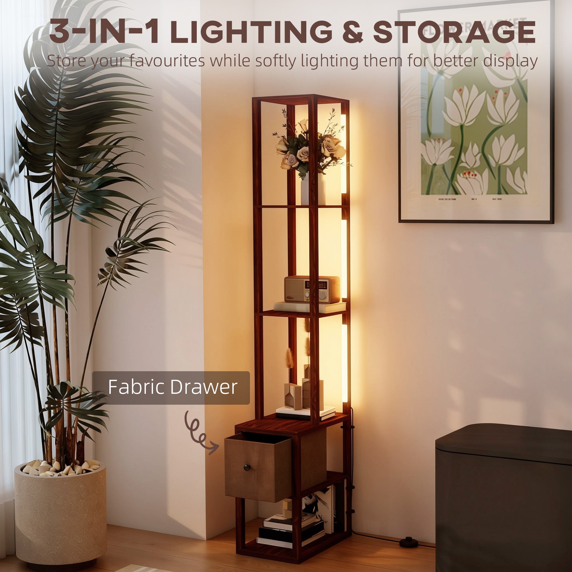 Floor Lamp with Shelves, LED Column Modern Standing Lamp with Fabric Drawer, Adjustable Brightness, Foot Switch for Living Room, Bedroom, Office, Dark Brown