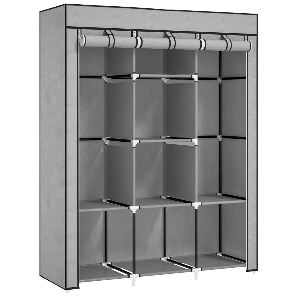 Fabric Wardrobe, with Rails and Shelves - Light Grey
