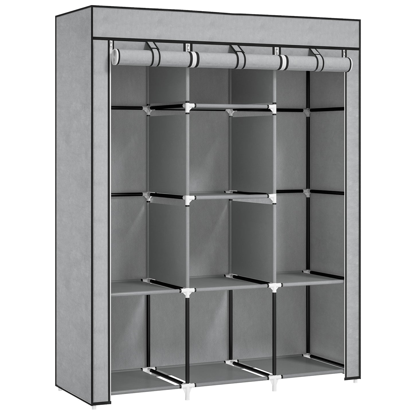 Fabric Wardrobe, with Rails and Shelves - Light Grey