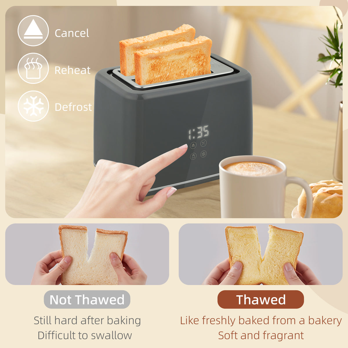 Digital Stainless Steel Kettle and Toaster Set, 1.5L 3000W Fast Boil Kettle, 2 Slice Toaster with 7 Level Browning Controls, Defrost, Reheat, Keep Warm, Crumb Tray and LED Touch Display, Grey