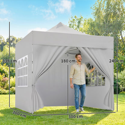 Outsunny 3 x 3 m Pop Up Gazebo with Sidewalls, UPF50+ Heavy Duty Garden Party Tent Marquee with Wheeled Carry Bag, Silver Grey
