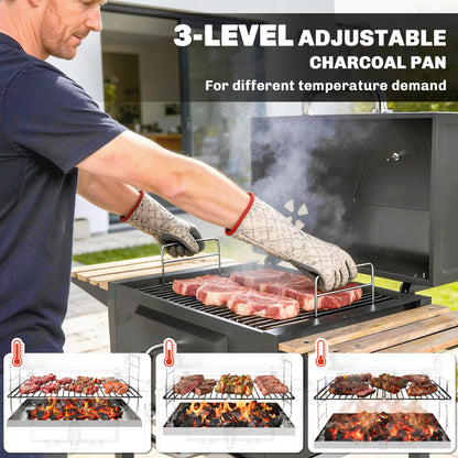 Outsunny Charcoal BBQ Grill with Height Adjustable Charcoal Pan, Barbecue Smoker with Warming Rack, 3 Shelves, Temperature Gauge, Wheels, Bottle Opener for Outdoor Cooking Garden Party