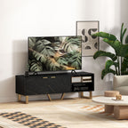 Marble Effect TV Unit, Modern TV Stand Cabinet for up to 70" TVs, with Shelves and Storage Cupboard, Fluted Door, Extra Centre Leg, Cable Management for Living Room, Black