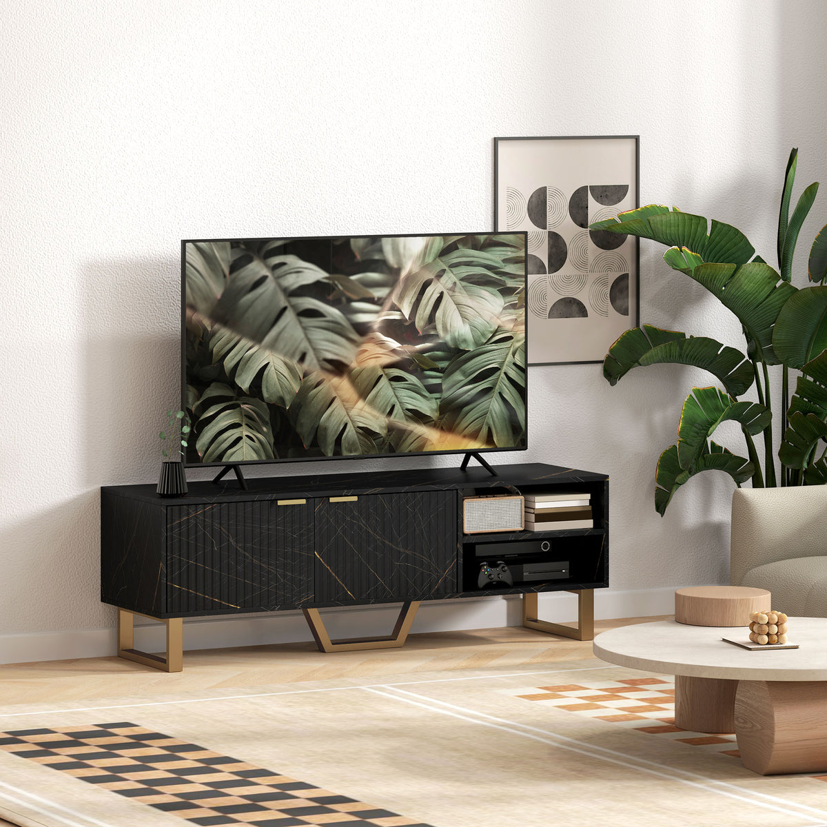 Marble Effect TV Unit, Modern TV Stand Cabinet for up to 70" TVs, with Shelves and Storage Cupboard, Fluted Door, Extra Centre Leg, Cable Management for Living Room, Black