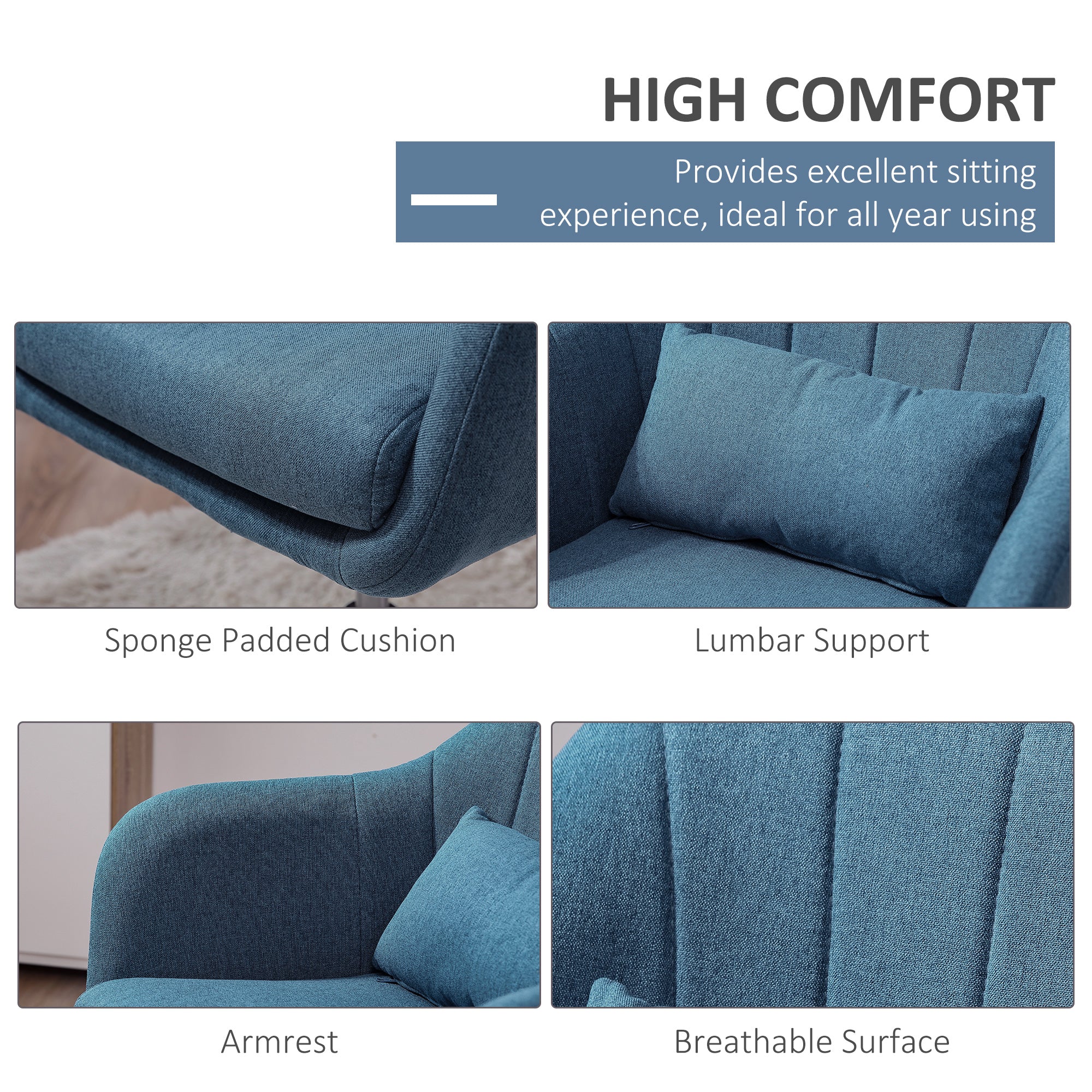 HOMCOM Swivel Accent Chair, Linen Fabric Tub Vanity Chair, Modern Armchair with Adjustable Height and Lumbar Support for Living Room Bedroom Salon Make up Room Dressing Table, Blue