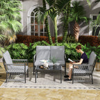 Outsunny 4 Piece Rattan Garden Furniture Set, 4 Seater Wicker Patio Conversation Set with 2 Armchairs, Loveseat, Glass Top Coffee Table and Cushions for Outdoor, Balcony, Grey