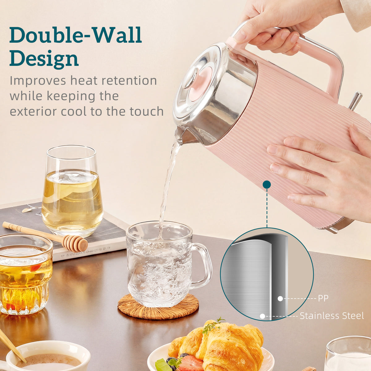 Electric Stainless Steel Kettle and Toaster Set, 3000W 1.7L UK Strix Thermostat Fast Boil Kettle Pink