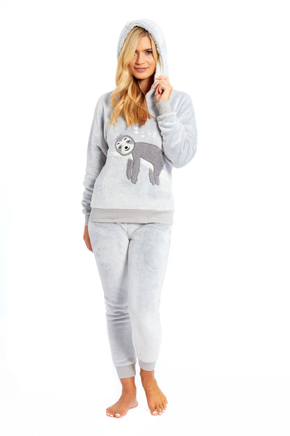 Matching Mother Daughter Plush Fleece Hooded Pyjama Set with Embroidered Sloth Design Ultra-Soft Sherpa-Lined Nightwear for Girls and Women by Daisy Dreamer