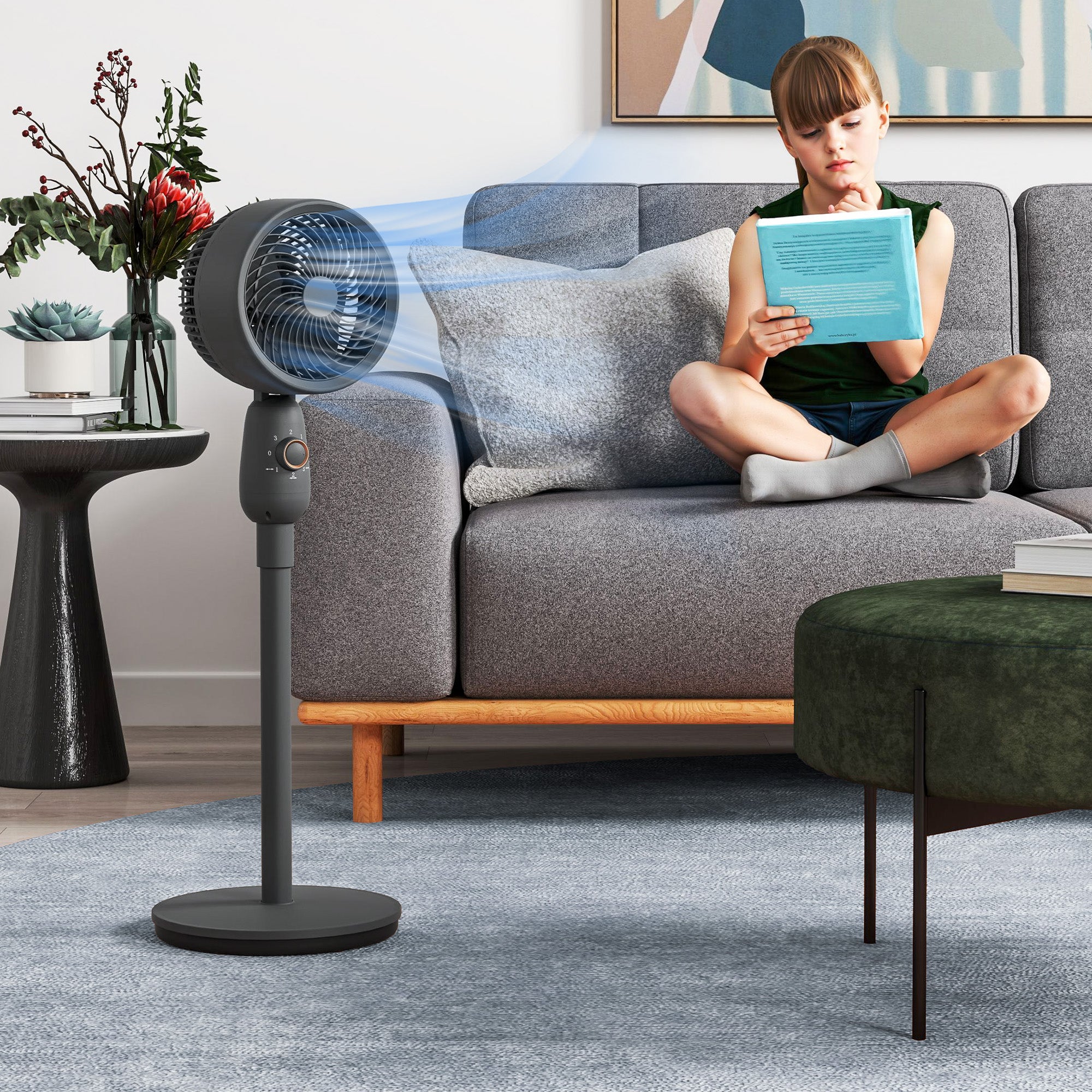 Pedestal Fan, Powerful Air Circulator, 36 Inch Floor Standing Fan with 3 Speed Settings, 70° Oscillating for Bedroom, Home and Office, Grey