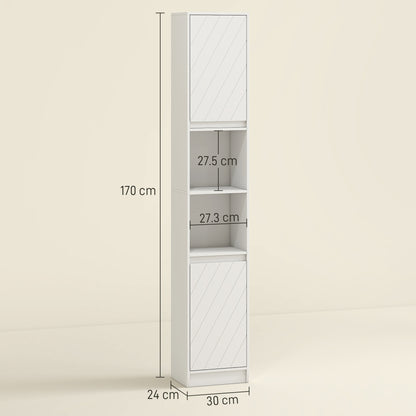 Narrow Bathroom Cabinet, Slim Bathroom Storage Unit with Open Compartment, Freestanding Storage Cupboard with Adjustable Shelves for Small Spaces, 30 x 24 x 170 cm, White