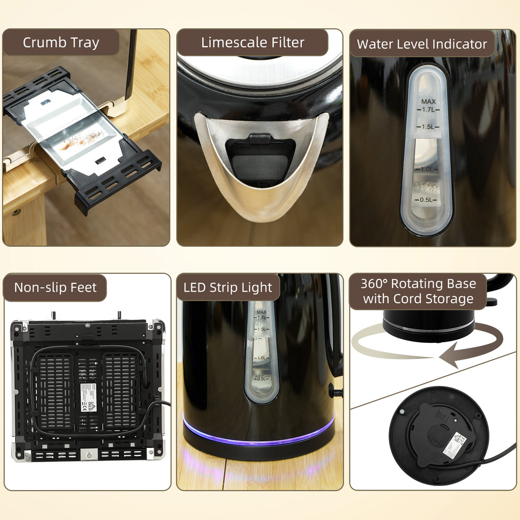 Kettle and Toaster Set, 1.7L 3000W Rapid Boil Jug Kettle with Otter Thermostat, Limescale Filter, 4 Slice Toaster with 7 Browning Controls, Crumb Tray, LED Strip, Black