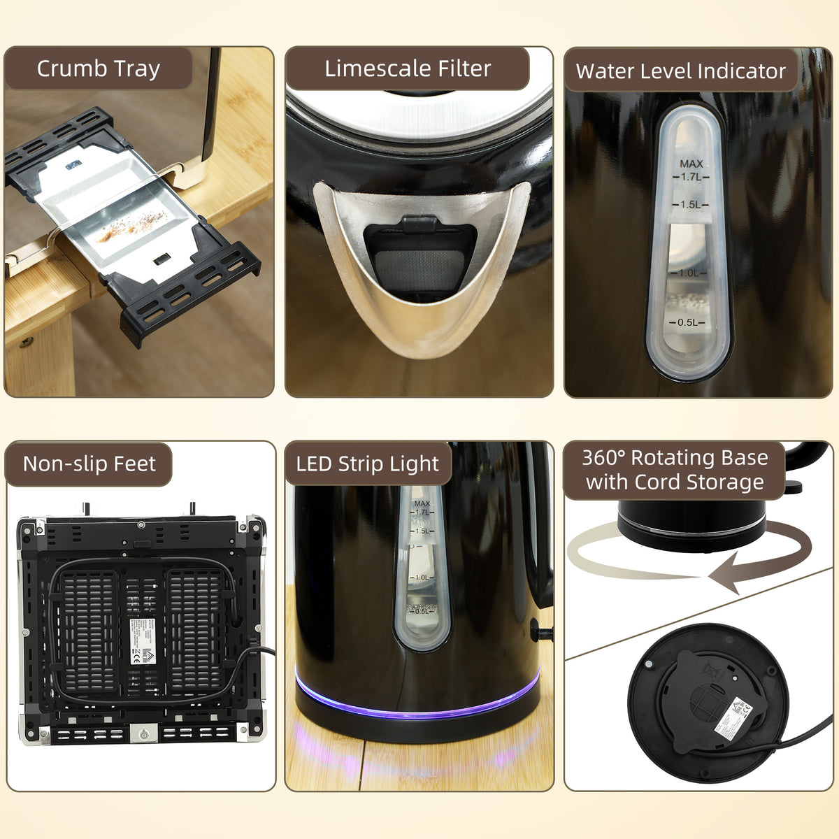 Kettle and Toaster Set, 1.7L 3000W Rapid Boil Jug Kettle with Otter Thermostat, Limescale Filter, 4 Slice Toaster with 7 Browning Controls, Crumb Tray, LED Strip, Black