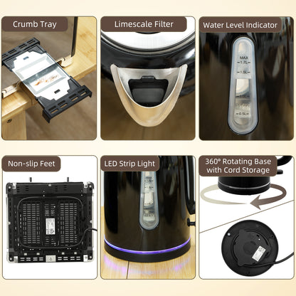 Kettle and Toaster Set, 1.7L 3000W Rapid Boil Jug Kettle with Otter Thermostat, Limescale Filter, 4 Slice Toaster with 7 Browning Controls, Crumb Tray, LED Strip, Black