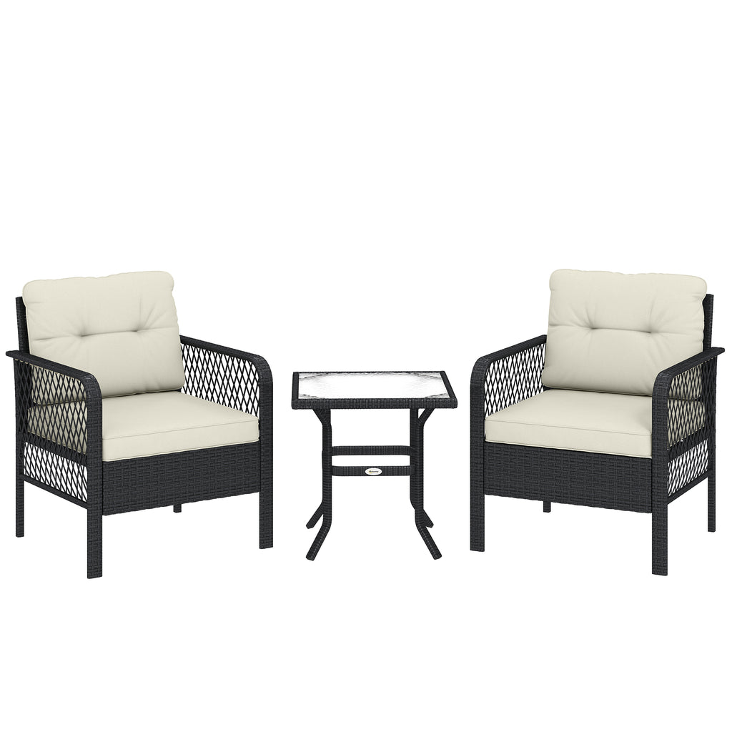 Outsunny 3 Pieces Rattan Bistro Set with Glass Top Coffee Table, Chairs and Cushions for Outdoor, Patio, Balcony, Cream