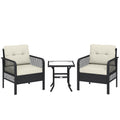 Outsunny 3 Pieces Rattan Bistro Set with Glass Top Coffee Table, Chairs and Cushions for Outdoor, Patio, Balcony, Cream