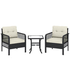Outsunny 3 Pieces Rattan Bistro Set with Glass Top Coffee Table, Chairs and Cushions for Outdoor, Patio, Balcony, Cream