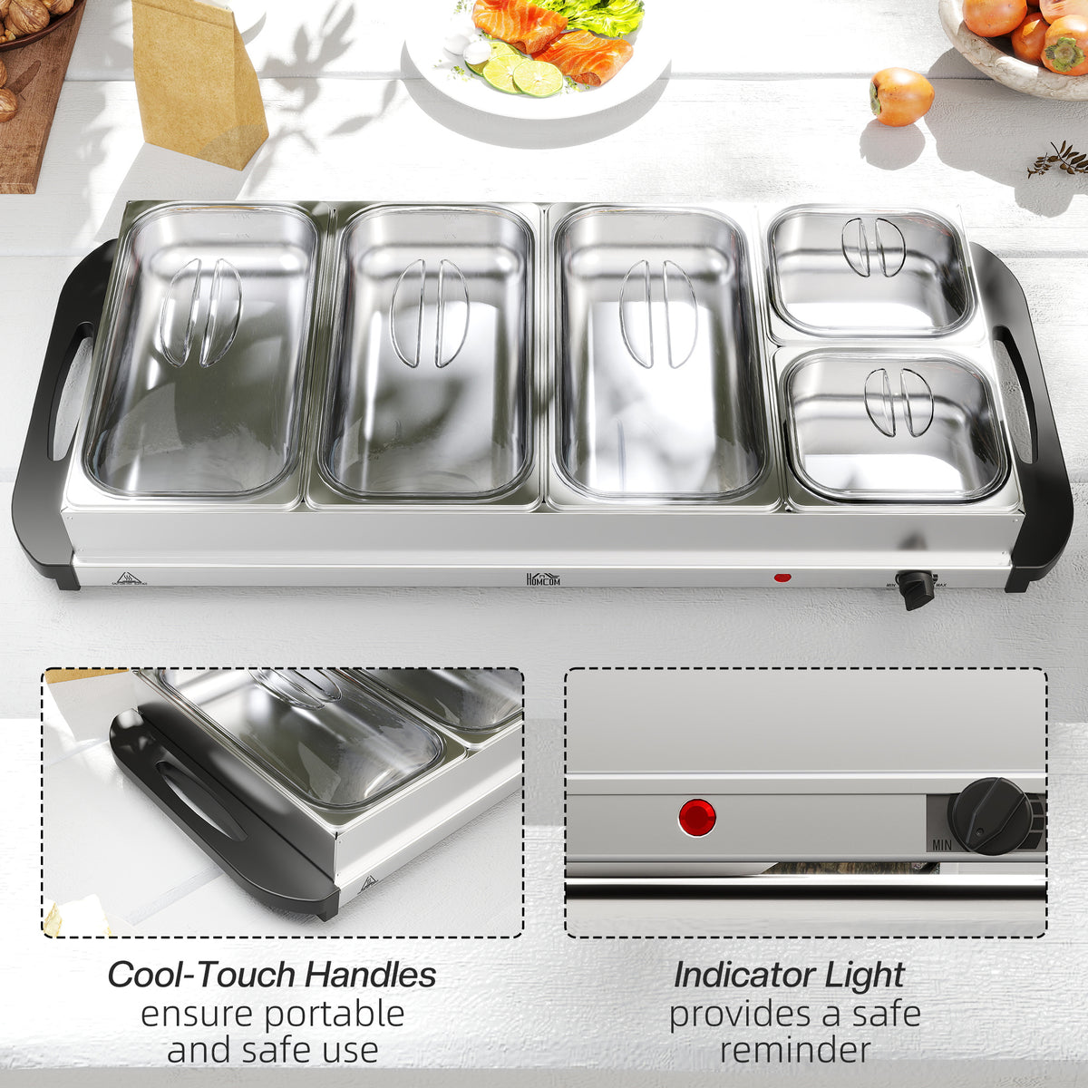 5 Tray Electric Food Warmer Buffet Server with Warming Plate, Cool Touch Handles, Adjustable Temperature, 300W, 3 x 2.4L and 2 x 1L Pans