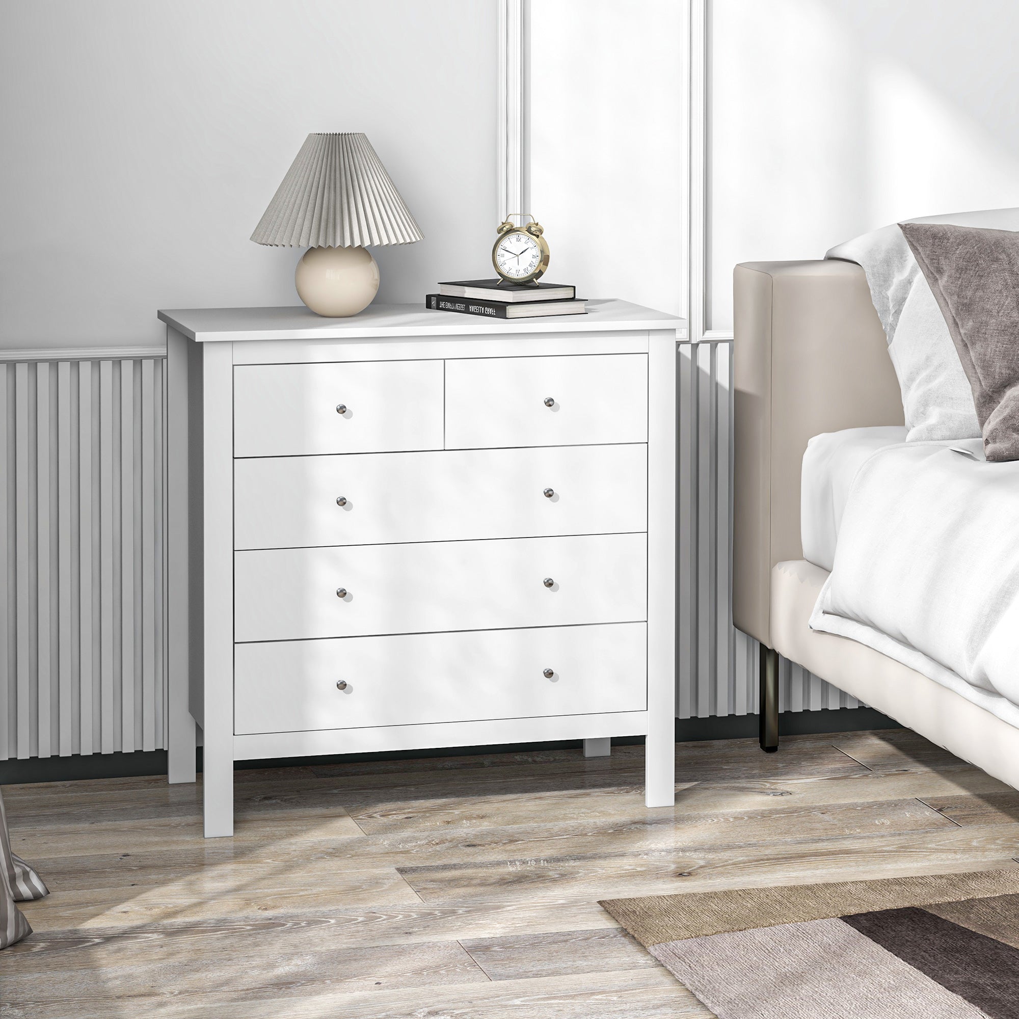 HOMCOM 5 Drawer Chest of Drawers, Modern Dresser for Bedroom, Wide Storage Unit for Living Room, Hallway, Closet, White