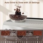 15 Bar Coffee Machine with 15 Adjustable Grind Setting, Steamer and Complete Kit - Silver Colour