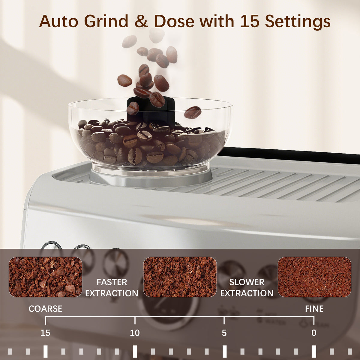 15 Bar Coffee Machine with 15 Adjustable Grind Setting, Steamer and Complete Kit - Silver Colour