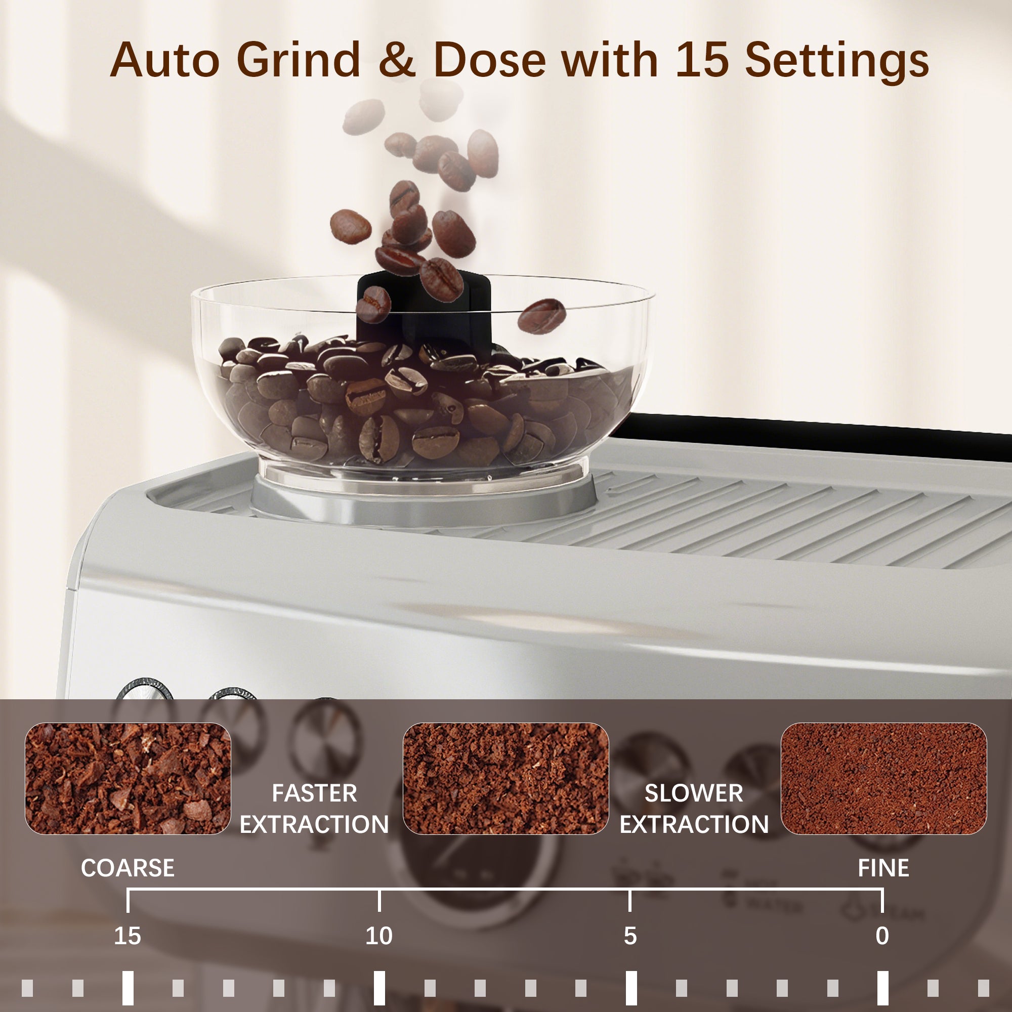 15 Bar Coffee Machine with 15 Adjustable Grind Setting, Steamer and Complete Kit - Silver Colour