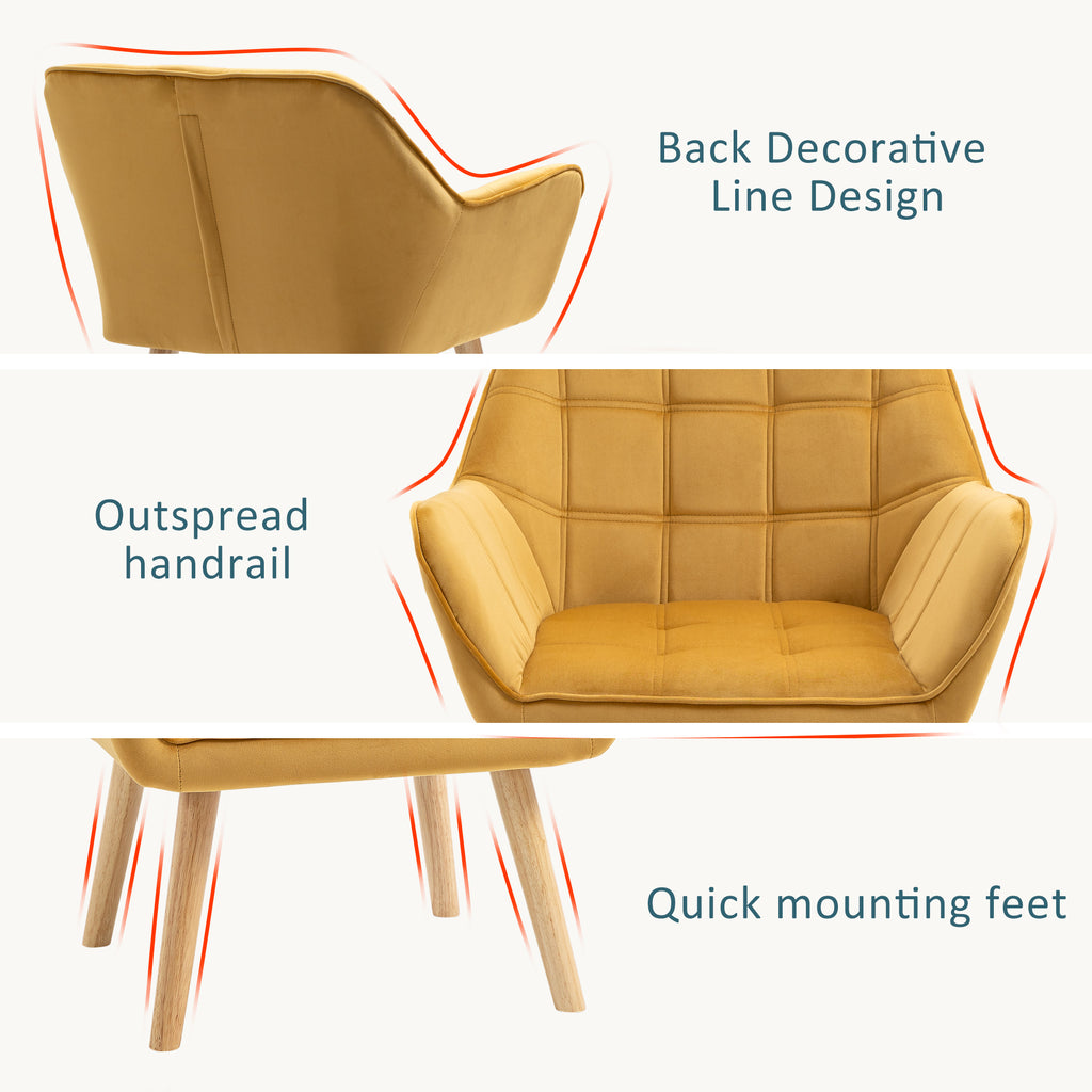 HOMCOM Accent Chair, Velvet Upholstered Vanity Tub Chair with Flared Armrests, Slanted Back, Solid Wood Legs, Comfy Padding Armchair, Home Bedroom Furniture Seating, Yellow