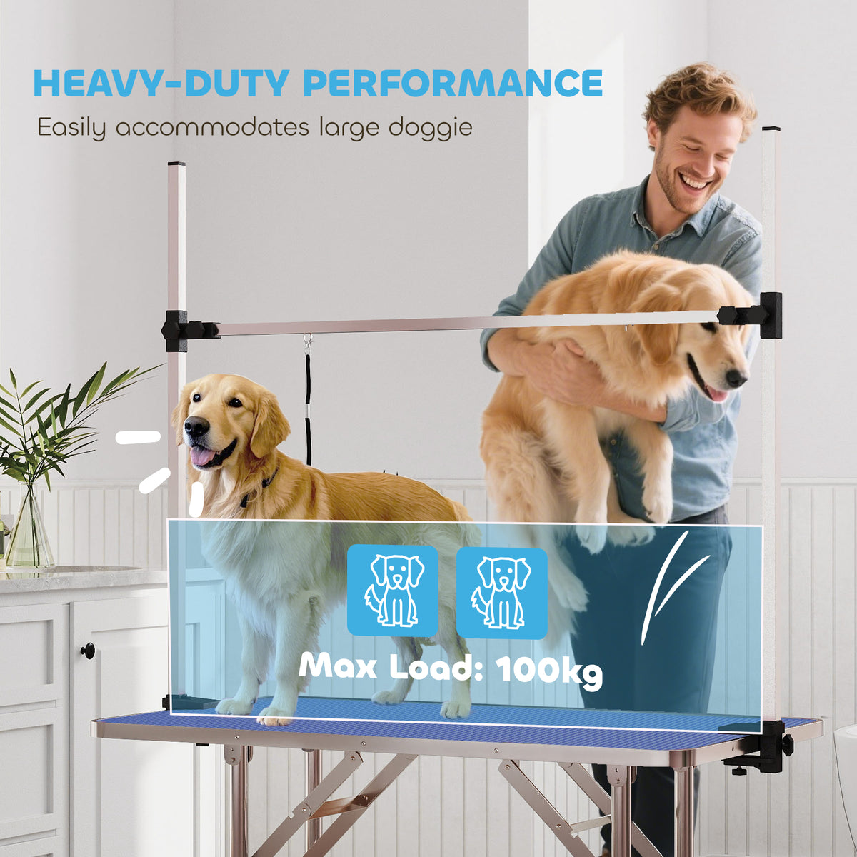 PawHut 42" Dog Grooming Table, Adjustable Pet Cat Drying Beauty Table with 2 Loops Storage Basket, Rubber Top, Blue