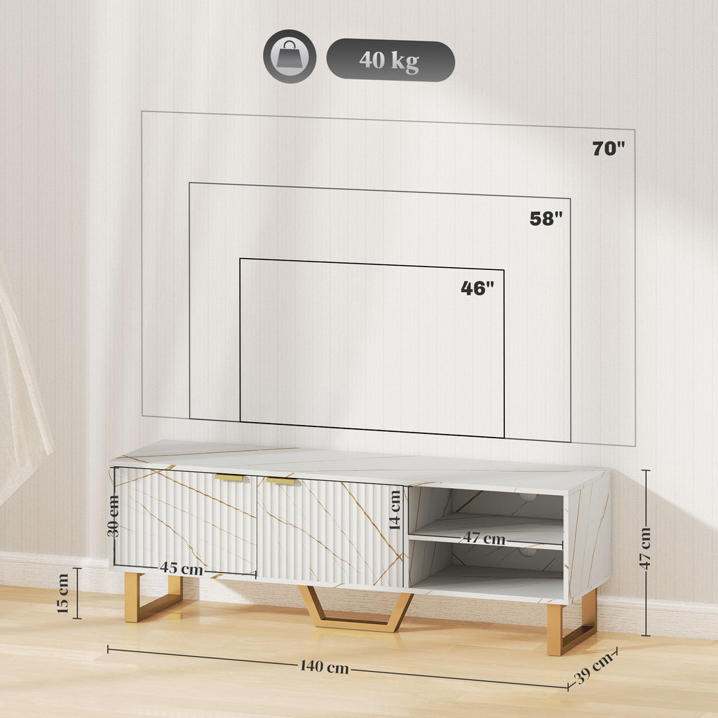 Marble Effect TV Unit, Modern TV Stand Cabinet for up to 70" TVs, with Shelves and Storage Cupboard, Fluted Door, Extra Centre Leg, Cable Management for Living Room, White