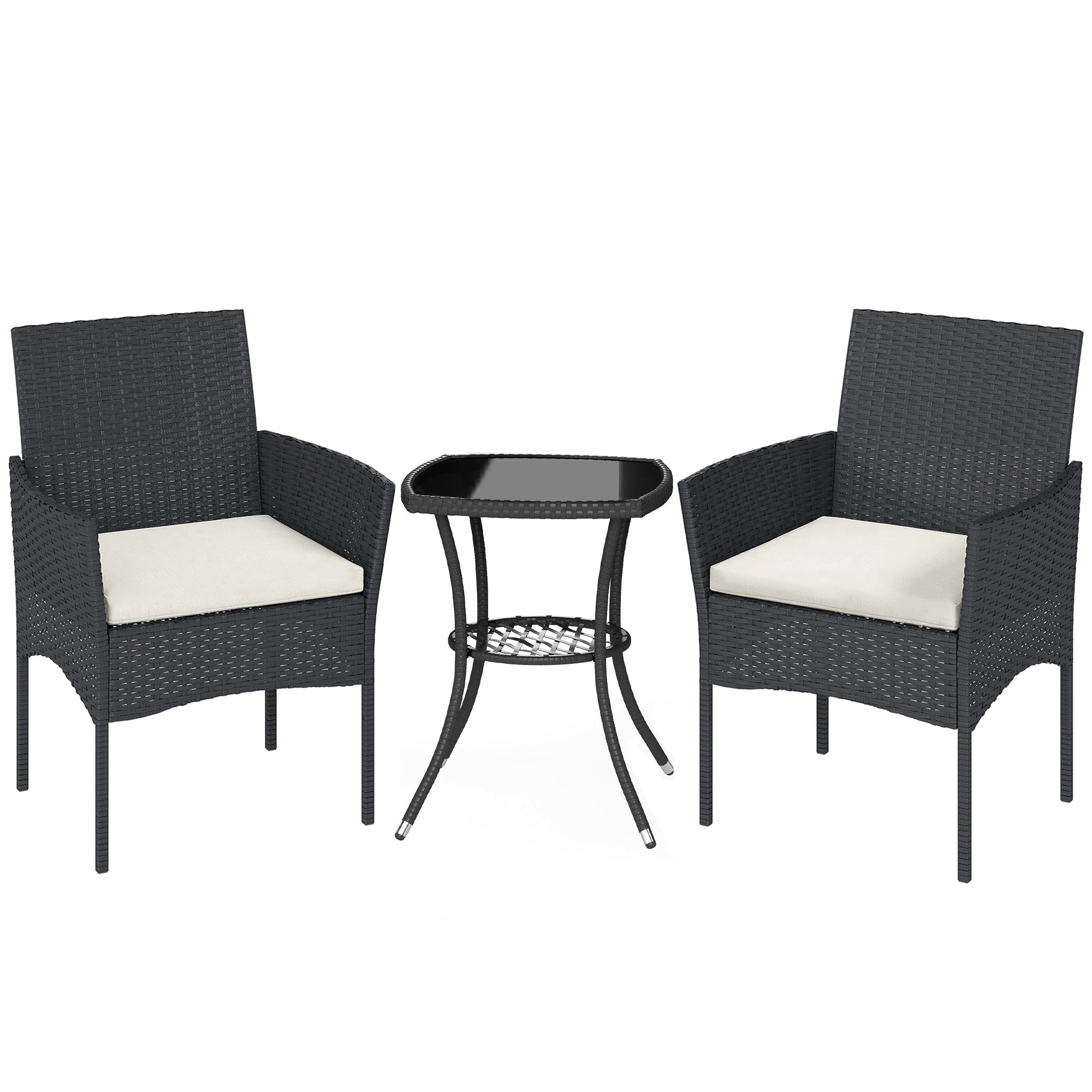 Outsunny 3 Piece Rattan Bistro Set, PE Wicker Garden Furniture Conversation Set with 2 Tier Glass-Top Table, Chairs, Cream White