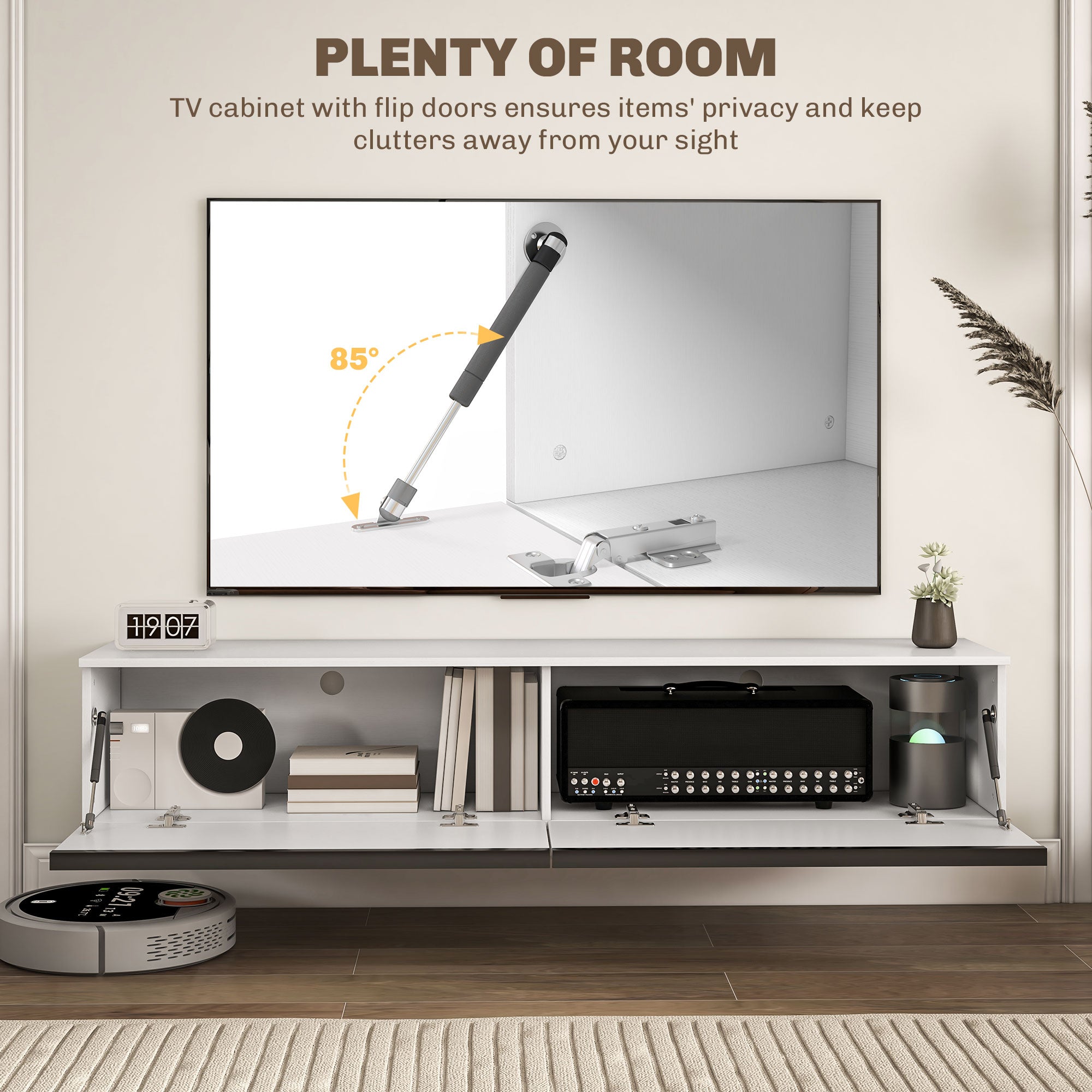 160cm High Gloss Floating TV Unit Stand for TVs up to 70", Wall Mounted TV Cabinet with Storage Cupboards, White