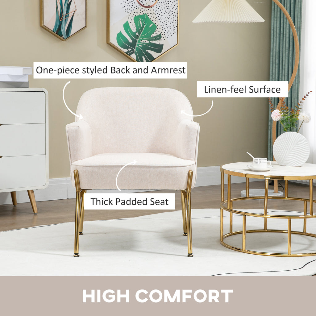 HOMCOM Accent Chair, Living Room Armchair, Vanity Chair with Gold Plating Metal Legs and Soft Padded Seat for Bedroom and Café, Set of 2, White