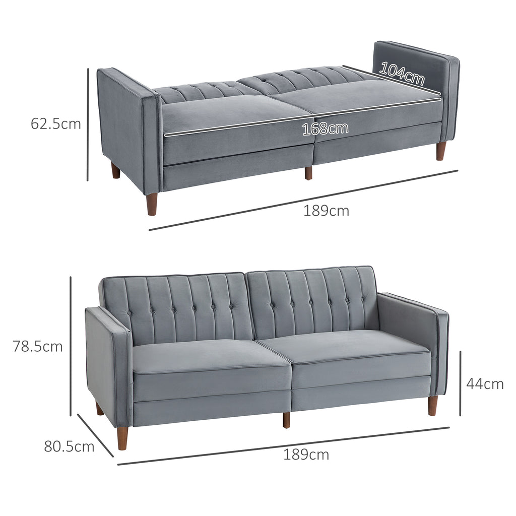 HOMCOM Velvet-Feel Three-Seater Sofa Bed with Wooden Legs, 300 kg - Dark Grey