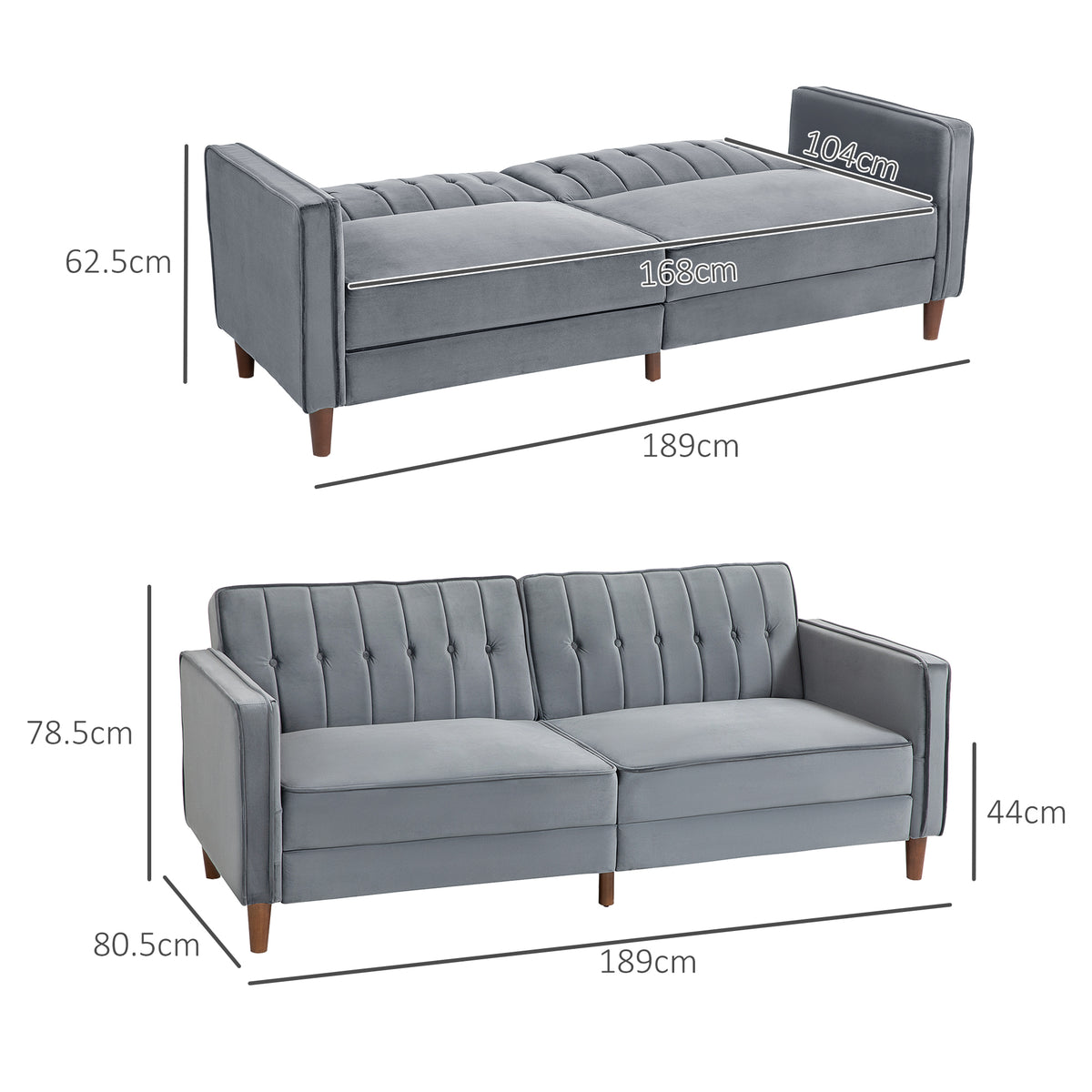 Velvet-Feel Three-Seater Sofa Bed with Wooden Legs, 300 kg - Dark Grey