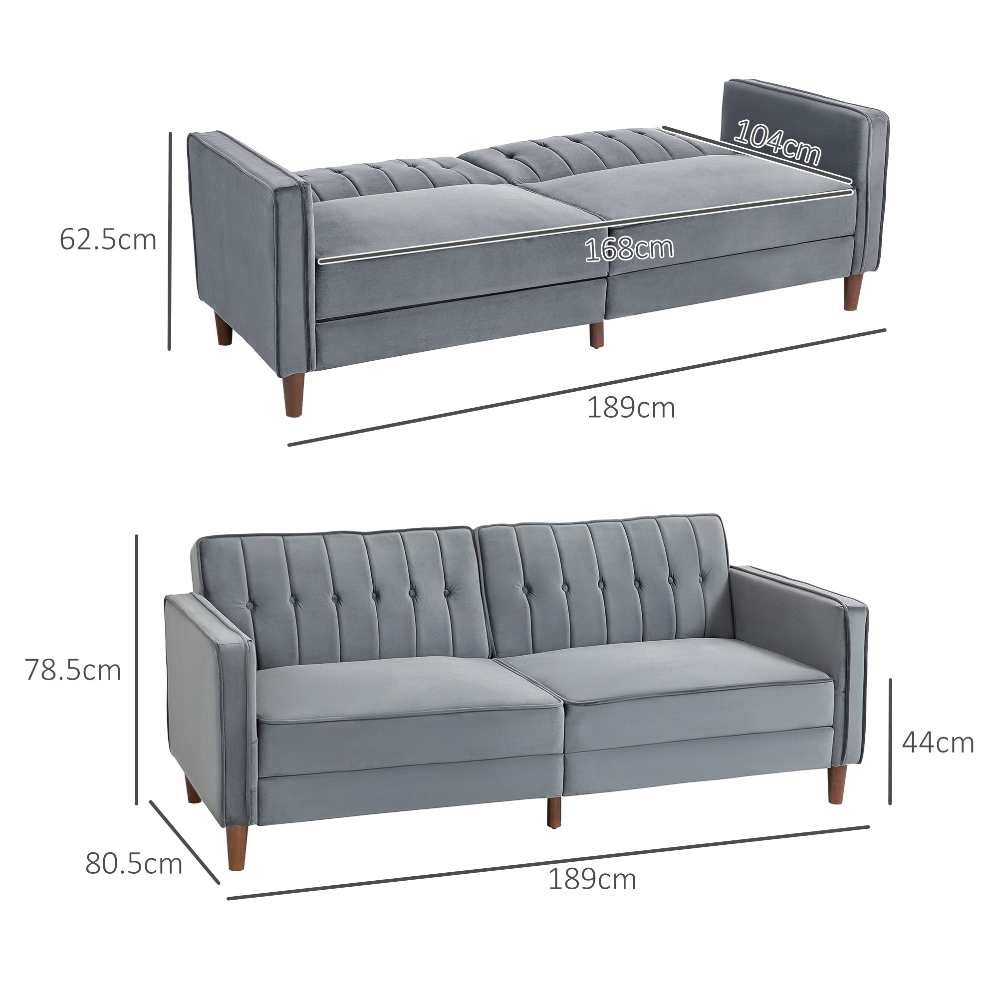 HOMCOM Velvet-Feel Three-Seater Sofa Bed with Wooden Legs, 300 kg - Dark Grey