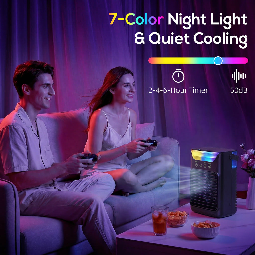 Air Cooler with Adjustable Head, Portable Air Conditioner with 3 Wind Speed, 2 Cool Mist, RGB Light, Black