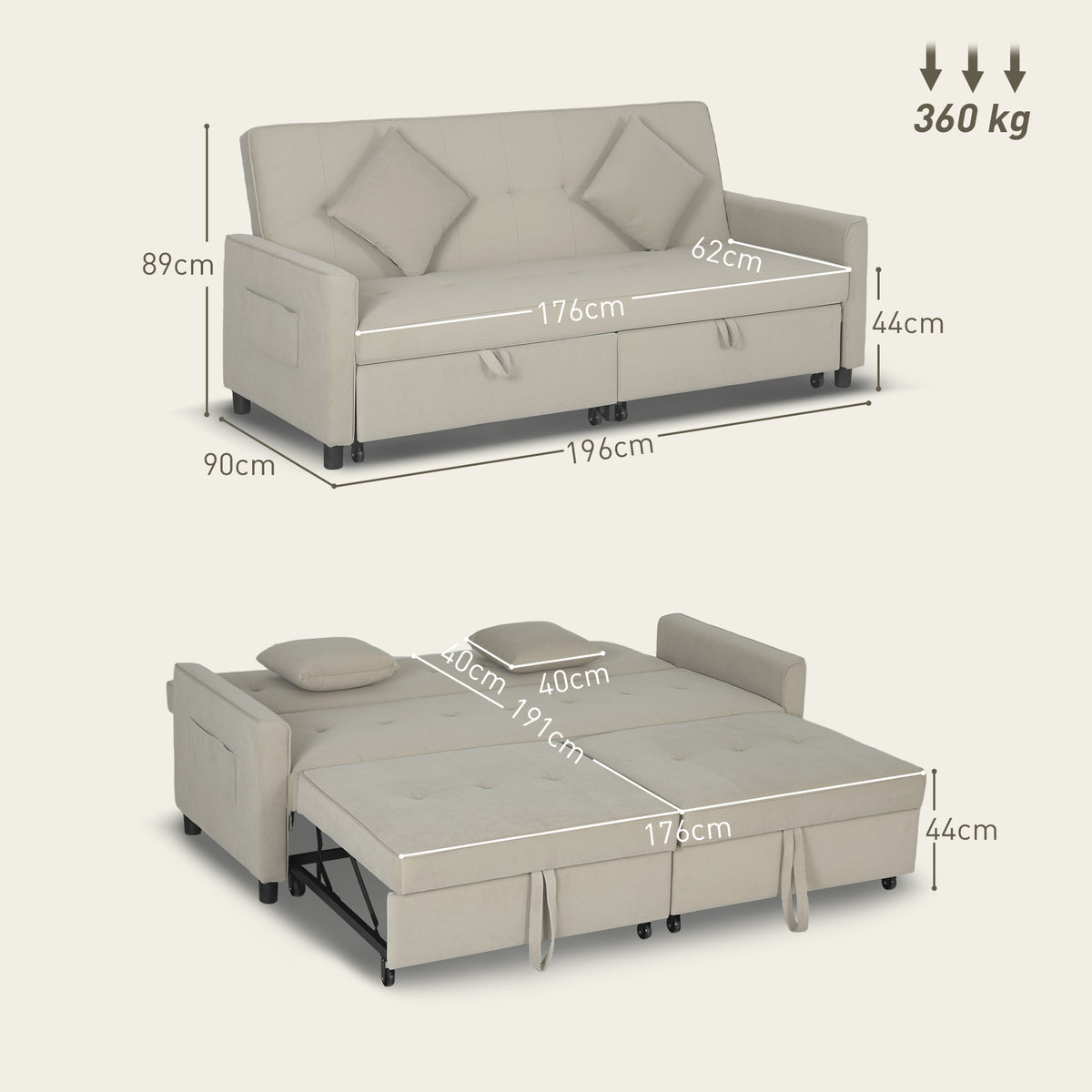 Three-Person Velvet-Feel Sofa Bed - Beige