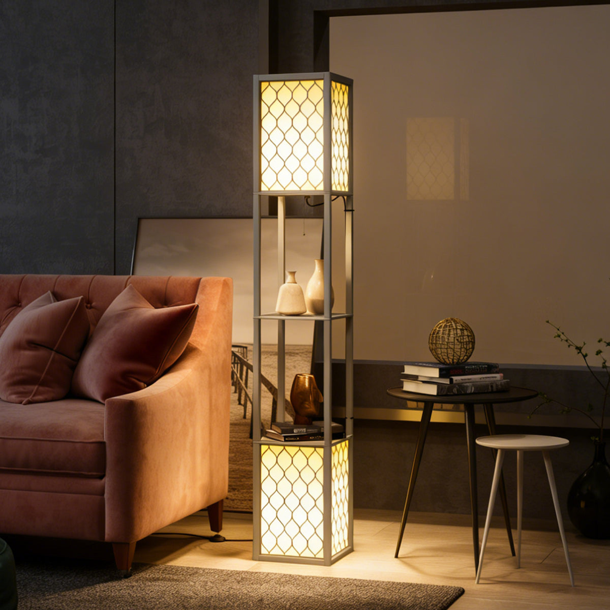 Floor Lamp with Shelves, Dual Light, Modern Tall Standing Lamps, with Pull Chain Switch (Bulb not Included), Light Grey