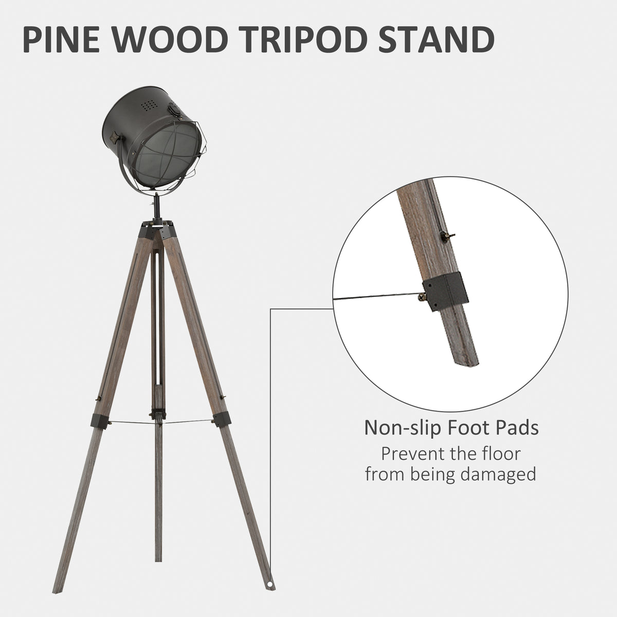 Floor Lamp with Adjustable Tripod for Living Room Bedroom, Vintage Spotlight Reading Lamp with Wood Legs, 115-155cm, Grey