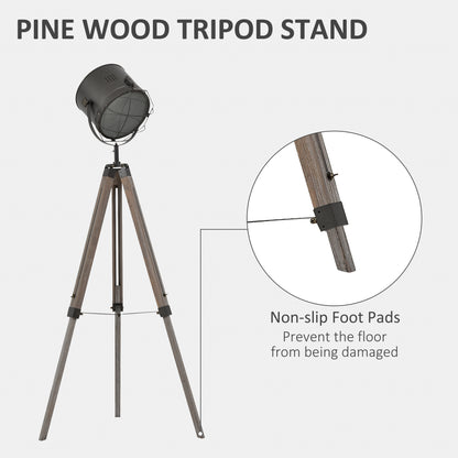Floor Lamp with Adjustable Tripod for Living Room Bedroom, Vintage Spotlight Reading Lamp with Wood Legs, 115-155cm, Grey