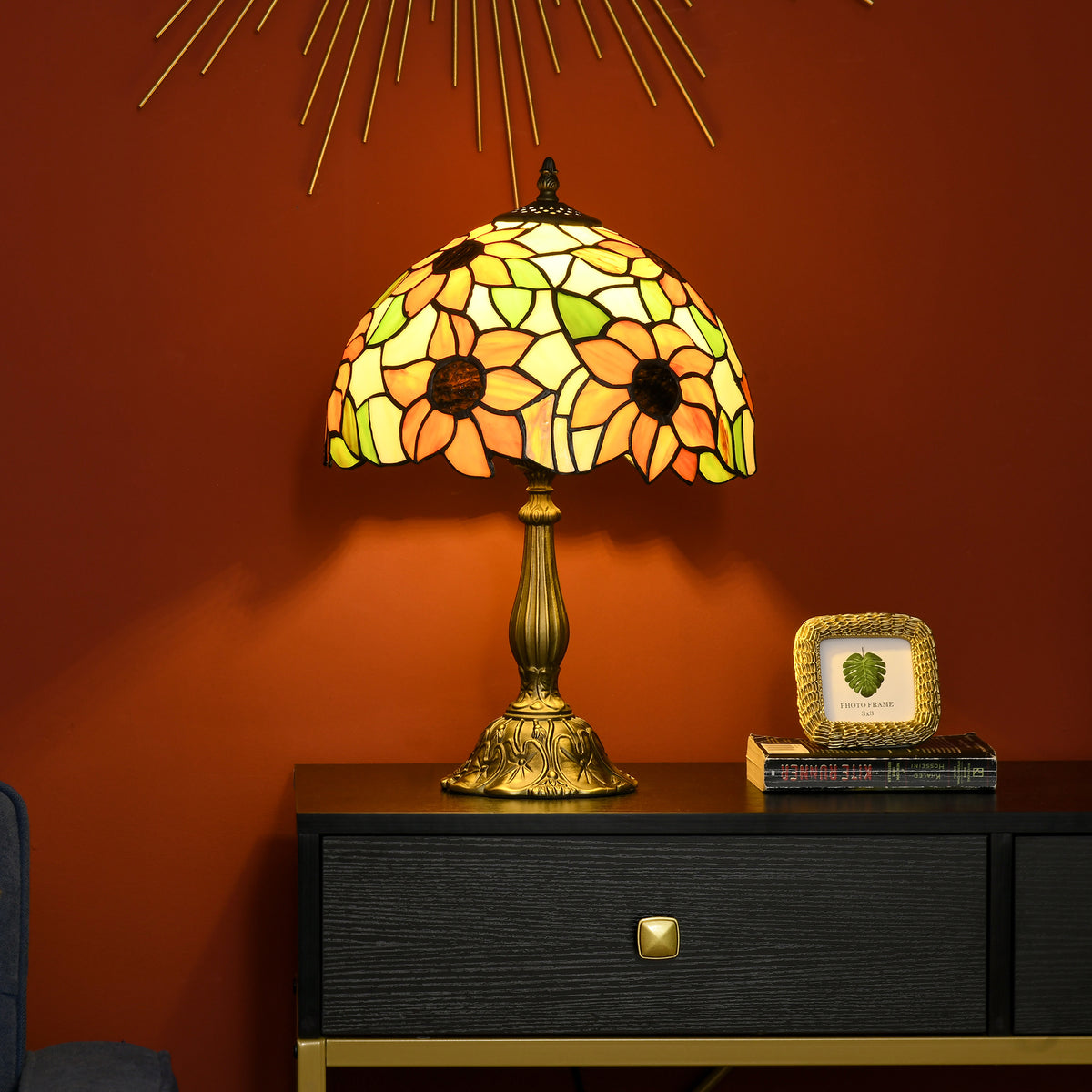 Tiffany Stained Glass Table Lamp, Handmade Antique Bedside Lamp for Bedroom, Living room, Home, Nightstand, Decorative Night Light, Orange Sunflower